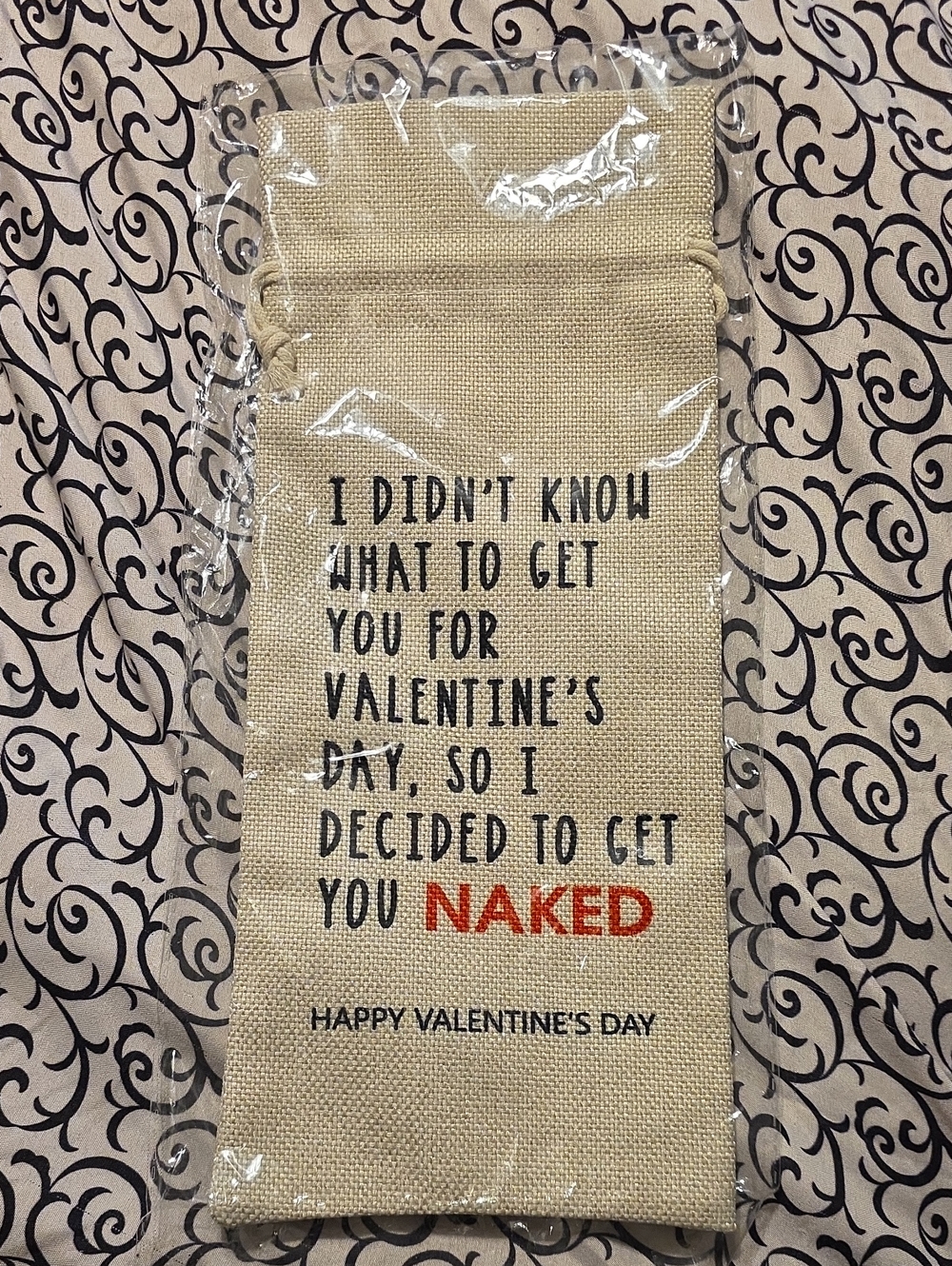Valentine's Day Natural Burlap Wine Bag with Red 'Naked' Print 13x5.5"